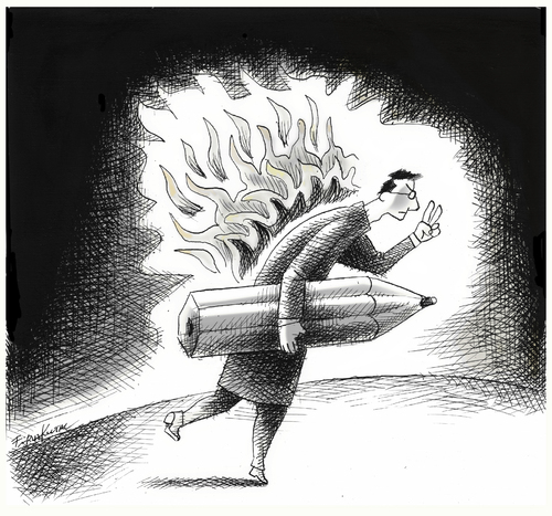 Cartoon: free your mind (medium) by firuzkutal tagged charlie,france,hebdo,terror,satire,tolerance,mobbing,orientalism,occidentalism