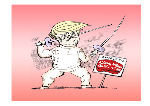 Cartoon: Trump draws swords on the very f (medium) by firuzkutal tagged trump,politics,sword,conservasion,racism,presi,usa,canada,tax,lbgt,power,fight,trump,politics