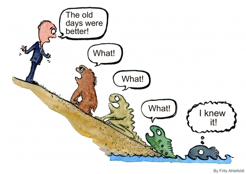 Cartoon: Conservative fish (medium) by Frits Ahlefeldt tagged conservative,politics,environment,pollution,fish,evolution
