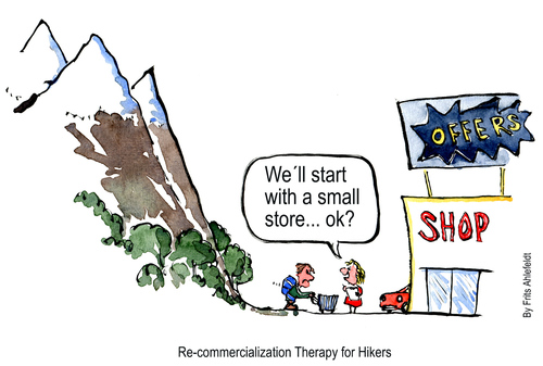 Cartoon: One small shop at a time (medium) by Frits Ahlefeldt tagged therapy,coaching,rehab,shop,supermarket,shopping,therapist,hiking,trekking,walking