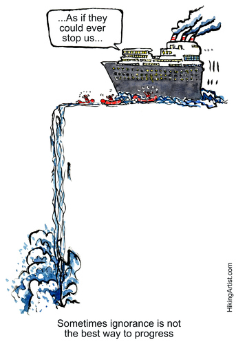Cartoon: the ship of ignorance (medium) by Frits Ahlefeldt tagged sustainability,ecology,eco,activists,protest,protester,greenpeace,watchdog,ship,society,waterfall,tresshold,turning,point,profit,growth,finance