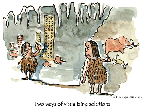 Cartoon: Drawing visions (medium) by Frits Ahlefeldt tagged stoneage,caveman,artist,mammut,cave,painting,prehistoric,sketching,future,visualizer