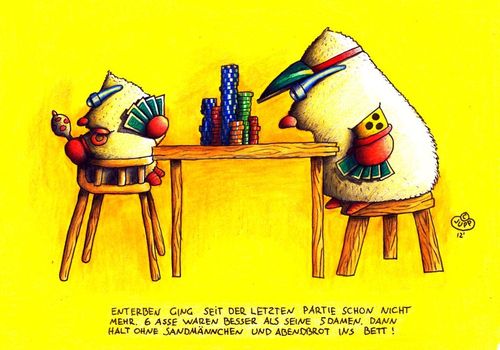 Cartoon: Maulwurf_Poker (medium) by Jupp tagged as,asse,damen,zocken,pokern,kicker,overcard,cards,karten,rassel,bluff,check,raise,bet,allin,in,all,bracelet,small,big,blind,hand,tisch,table,enterben,enterbt,bub,bomm,jupp,abendbrot,sandmännchen,sohn,gambling,poker,mole,maulwurf,bilder,bild,cartoon,blinds