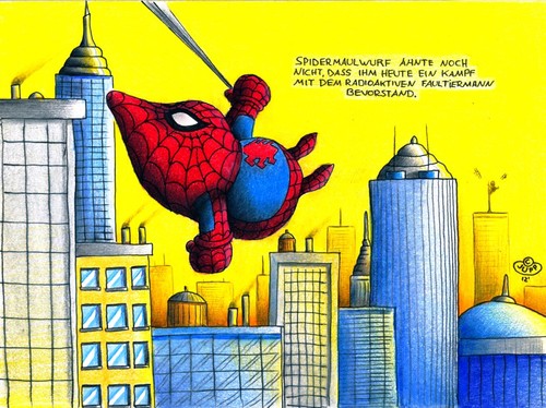 Cartoon: Maulwurf_Spiderman (medium) by Jupp tagged spinnenmann,superhero,york,new,häuser,ny,stadt,peter,wandkletterer,netz,kostüm,kolmer,design,bomm,jupp,sloth,marvel,comic,fight,kampf,radioaktiv,faultier,spiderman,mole,maulwurf,bilder,bild,cartoon,illustration