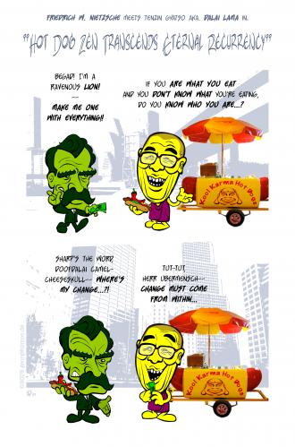 Cartoon: Hot Dog Zen - Eternal Recurrency (medium) by georgvw tagged philosophie,nietzsche,zen,buddhismus,metaphysik