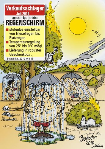 Cartoon: Verkaufsschlager VII 2010 (medium) by BARHOCKER tagged hitze,dürre,regen,waldbrand,regenschirm