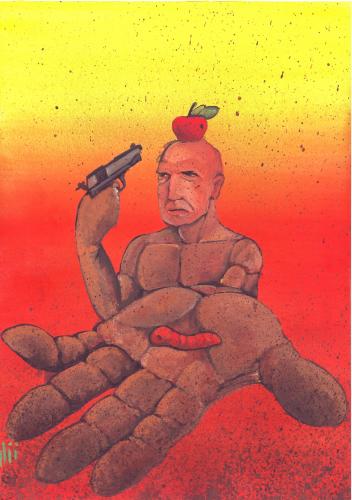 Cartoon: 2000 Years of Education (medium) by Nizar tagged apple,colt,gun,pistol,shoot,head,mind,reason,brain,body,worm,palm,digit,finger,education,2000,year