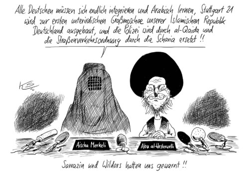 Cartoon: Aischa Merkeli (medium) by Stuttmann tagged stuttgart,21,islam,moschee,sarrazin,wilders,stuttgart 21,islam,moschee,sarrazin,wilders,stuttgart,21