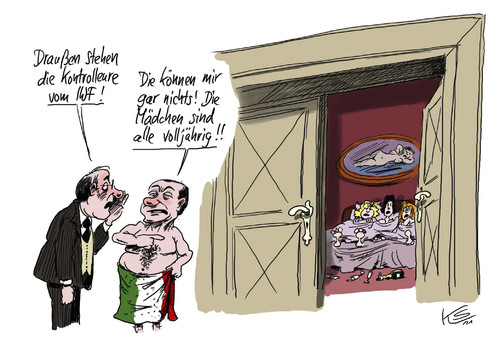 Cartoon: Kontrolleure (medium) by Stuttmann tagged eurogipfel,brüssel,berlusconi,bunga,italien,kontrolle,iwf