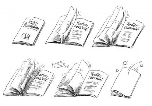 Cartoon: Wahlprogramm (medium) by Stuttmann tagged wahlprogramm,pendlerpauschale,wahlprogramm,pendlerpauschale,csu,cdu,bayern,angela merkel,günther beckstein,debatte,thema,wiederholung