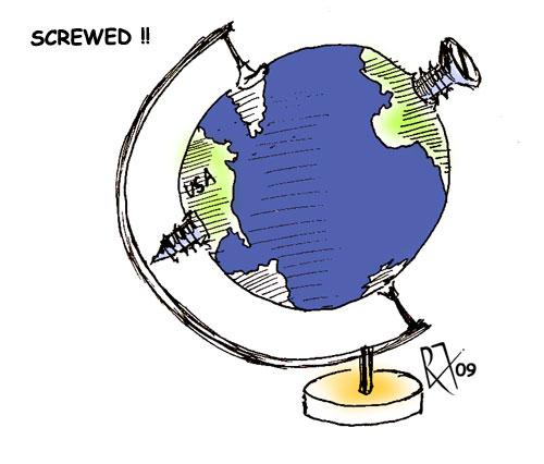 Cartoon: Global Recession (medium) by remyfrancis tagged recession,world,glove,usa,screwed,outsource,nonprotectionist,policy