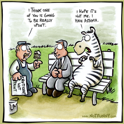 Cartoon: UPSET (medium) by NOTFUNNY tagged zebra,asthma,paint,wet,bench