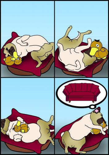 Cartoon: Unzureichend (medium) by Sandra tagged mops,hund,sofa,coach,korb,relaxen,chillen,entspannung