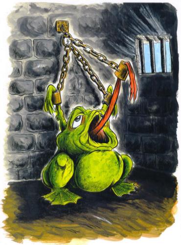 Cartoon: FROG IN JAIL- (medium) by Tim Leatherbarrow tagged frog,frogs,tongue,tied,prison,jail,shackles,dungeon,toad,toads,tim,leatherbarrow