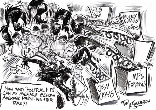 Cartoon: POLITICAL HITS (medium) by Tim Leatherbarrow tagged gorden,brown,caricature,politics,prime,minister,cash,crisis,goverment