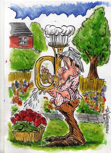 Cartoon: THE SPIT VALVE (medium) by Tim Leatherbarrow tagged brass,band,spit,valve,garden,gardening