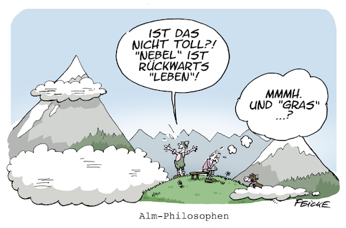 Cartoon: Alm-Philosophen (medium) by FEICKE tagged wort,spiel,sprache,philosophie,wort,spiel,sprache,philosophie