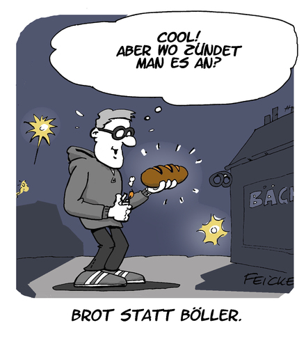 Cartoon: Brot statt Böller (medium) by FEICKE tagged neujahr,2014,2105,silvester,knaller,böller,feuerwerk,brot,spende,hunger