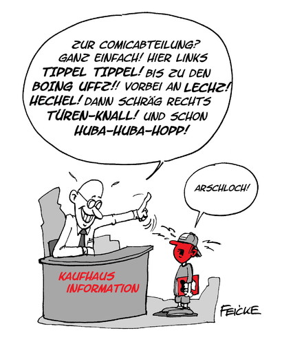 Cartoon: Comicabteilung (medium) by FEICKE tagged kaufhaus,comic,comics,cartoon,bücher,bildsprache,auskunft,information,karstadt,hertie,kaufhof
