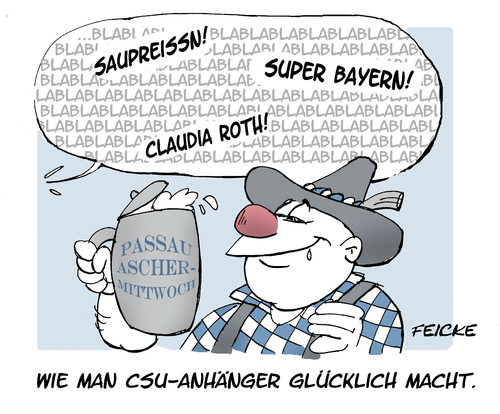 Cartoon: CSU Glück (medium) by FEICKE tagged bayern,aschermittwoch,reden,seehofer,csu,christlich,soziale,union,bier,claudia,roth,grüne,büttenrede,lästern,glück,glücklich,bayern,aschermittwoch,reden,seehofer,csu,christlich,soziale,union,bier,claudia,roth,grüne,büttenrede,lästern,glück,glücklich