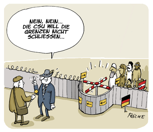 Cartoon: Grenze zu? (medium) by FEICKE tagged bayern,deutschland,österreich,grenze,fluchtling,refugee,csu,union,cdu,merkel,bayern,deutschland,österreich,grenze,fluchtling,refugee,csu,union,cdu,merkel