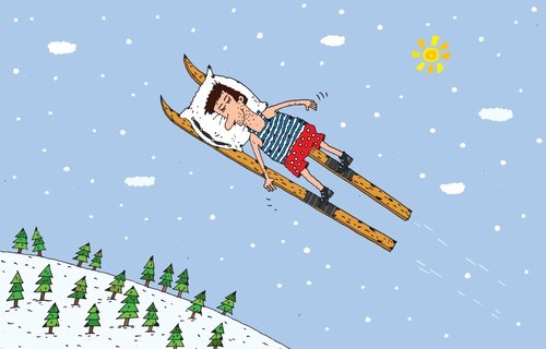 Cartoon: Alpine skiing (medium) by Sergei Belozerov tagged ski,skiing,pillow,dream,sleep,fly,sport,winter