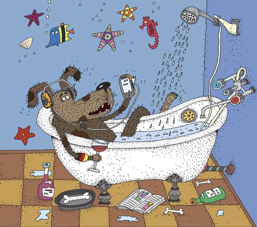 Cartoon: Home Alone (medium) by Sergei Belozerov tagged wine,bath,music,dog