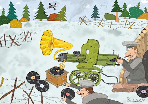 Cartoon: Waffenruhe (medium) by Sergei Belozerov tagged musicpause,grammophon,platte,gewaltmarsch,gewehr,maschinengewehr,soldaten,musikpause