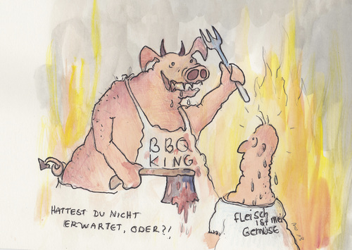 Cartoon: Hölle (medium) by monika boos tagged fleisch,grillen,hölle,schwein,buße,strafe