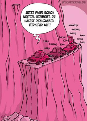 Cartoon: Bergfahrt (medium) by mil tagged berg,fahrt,auto,stau,verkehr,hindernis,problem,ärger,abgrund,hupen