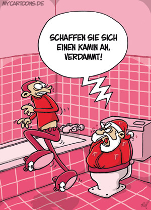 Cartoon: Weihnachtsärger (medium) by mil tagged weihnachtsmann,weihnachten,tradition,kamin,schornstein,bad,toilette,problem,ärger,überraschung,lieferung,geschenke