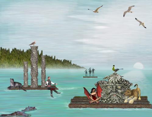 Cartoon: New Robinsons (medium) by Walraven tagged photoshop,robinson,crusoe,island,shipwreck,fairytale,prince,charming,elf,lion,sabertooth,puma,bird,turakoo,gull,see,water,raft