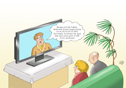 Cartoon: Archiv (medium) by Erwin Pischel tagged fußball,soccer,fußballspiel,schweiz,italien,länderspiel,fußballländerspiel,mediathek,archiv,srf,live,übertragung,liveübertragung,fernsehen,medien,klassiker,rundfunkanstalt,sender,fernsehkanal,kanal,sport,wettbewerb,flachbildschirm,fernseher,tvgerät,sofa,berichterstattung,zimmerpflanze,reportage,zeit,zeitversetzt,zeitsprung,logik,singularität,unmöglichkeit,lüge,prophezeiung,vorausschauen,vorschau,seher,prophet,zukunft,vergangenheit,pischel