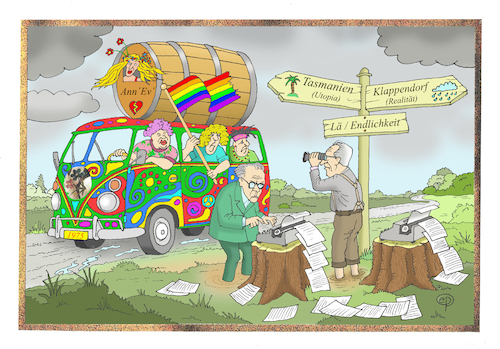 Cartoon: Arno Schmidt mit Goldrand (medium) by Erwin Pischel tagged arno,schmidt,schriftsteller,autor,werk,roman,abend,goldrand,kommune,hippie,bulli,vw,fass,wegweiser,baumstutzen,pfeil,ländlichkeit,utopie,realität,schreibmaschine,papierblatt,blatt,papier,weg,popart,friedenszeichen,wolken,matsch,dreck,barfuß,fernglas,literatur,pischel