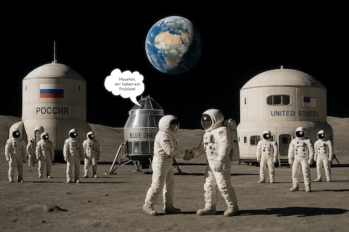 Cartoon: Blue Ghost entdeckt Sensation (medium) by Erwin Pischel tagged mond,mare,crisium,mondfähre,blue,ghost,mondlander,lander,landefähre,raumfahrt,raumkapsel,usa,amerika,russland,sowjetunion,kosmonaut,astronaut,fiktion,roman,arno,schmidt,kaff,handschlag,fake,toxisch,überraschung,trump,erde,wohncontainer,container,pischel