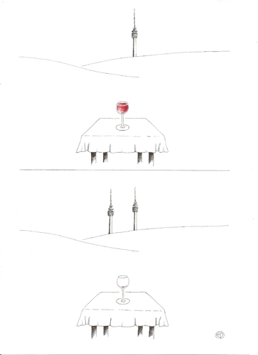 Cartoon: Doppelfernsehturm (medium) by Erwin Pischel tagged fernsehturm,stuttgart,wein,weinglas,alkoholwirkung,halluzination,sinntäuschung,trugwahrnehmung,wahrnehmungserlebnis,pischel