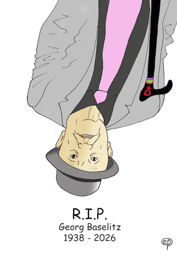 Cartoon: Georg Baselitz (medium) by Erwin Pischel tagged georg,baswelitz,rip,requiescat,in,pace,rest,peace,ruhe,frieden,maler,bildhauer,grafiker,skandal,heldenbilder,frakturbilder,bild,bilder,überkopf,verkehrt,kopf,stehend,invers,gewohnheit,umkehrung,sehgewohnheit,pischel