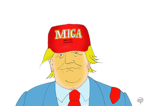 Cartoon: MIGA (medium) by Erwin Pischel tagged trump,präsident,usa,krieg,iran,make,america,great,again,mütze,cap,krawatte,kriegstreiberei,macht,politik,politiker,kapitalismus,kolonialismus,waffen,bewaffnung,waffenverkauf,strategie,kriegsgewinnler,mullah,kriegsministerium,machtpolitik,ölinteressen,straße,hormus,kriegsinteressen,interesse,republikaner,partei,nahost,nahostpolitik,kriegsgebiet,krisengebiet,pulverfass,interessenkonflikt,atommacht,atomwaffen,pischel
