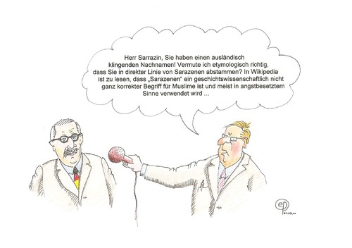 Cartoon: Sarrazin ein Sarazener? (medium) by Erwin Pischel tagged thilo,sarrazin,sarazener,etymologie,muslime,pischel,rassismus,vorurteile,rassenwahn,integration,selektion,immigration,einwanderung,migranten,islamophobie,überfremdung,verdummung,arroganz,fortpflanzungsbereitschaft,fortpflanzungsprämie,zuwanderung,genpool