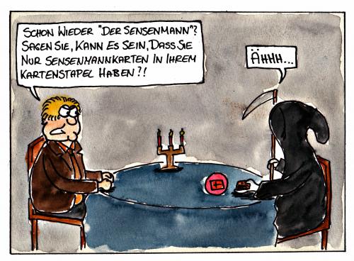 Cartoon: Kartenlegen (medium) by spass-beiseite tagged tod,karten,kartenlegen,wahrsagen,wahrsagereikugel,glaskugel,zukunft,beiseite,spass,unterhaltung,panel,fun,illustration,design,pointe,kunst,comicstrips,comictagebuch,tagebuch,comic,cartoons,cartoon,witz,bildwitz