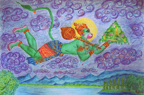 Cartoon: Fliegender Hanuman (medium) by Julci de Noches tagged vedic,ramayana,sanskrit,hanuman