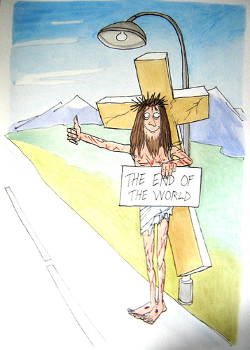 Cartoon: To the end of the world (medium) by caknuta-chajanka tagged jesus,apocalypse,hitchhiking,road,the