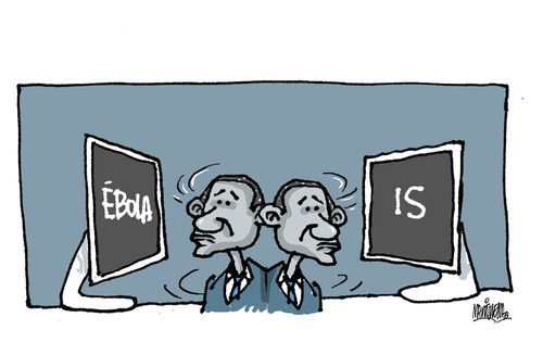 Cartoon: Obama between Ebola and IS. (medium) by martirena tagged obama,is,ebola