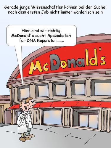 Cartoon: DNA Reparatur (medium) by wista tagged genom,genmanipulation,gentechnik,gene,gen,anfang,beginn,start,biologie,molekularbiologie,biochemie,chemie,einstieg,job,beruf,junge,forscher,wissenschaftler,wissenschaft,bigmac,restaurant,hamburger,mcdonalds,reparatur,dna