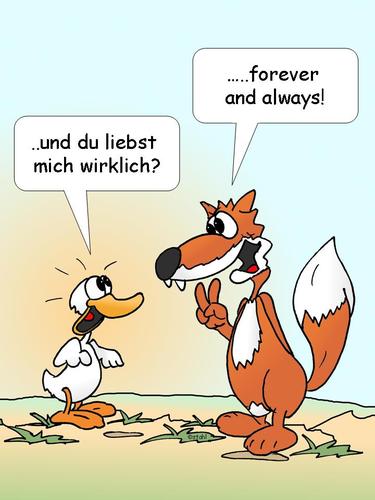 Cartoon: forever and always (medium) by wista tagged liebe,heirat,fuchs,gans,ehe,freundschaft,verlobung,versprechengefühl,partner,ehemann,ehefrau,essen,fressen,gefressen,werden