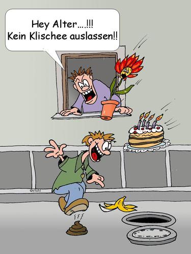 Cartoon: Klischee (medium) by wista tagged klischee,auslassen,torte,blumentopf,hundehaufen,kanal,kanadeckel,offen,banane,bananenschale,ausrutschen