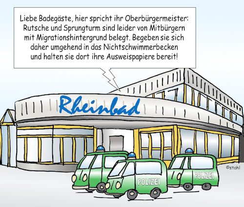 Cartoon: Rheinbad Düsseldorf (medium) by wista tagged rheinbad,düsseldorf,schwimmbad,randale,tumult,streit,jugendliche,migration,migrationshintergrund,geisel,thomas,oberbürgermeister,bürgermeister,reaktion,sprungturm,rutsche,massnahmene,ausweis,ausweiskontrolle,hilfe,hillflos,polizei,konsequent,behörde,ausland,ausländer,ausländerfeindlichkeit,räumung,räumen,hitze,bademeister,stadt,politik,beleidigung,bedrohung