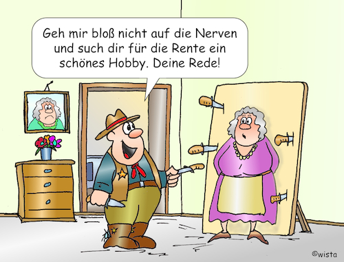 Cartoon: Senioren Hobby (medium) by wista tagged senioren,rentner,hobby,ruhestand,rente,pension,frau,mann,messer,messerwerfer,vorschlag,hobbies,freizeit,urlaub,sport,zeitvertreib,senioren,rentner,hobby,ruhestand,rente,pension,frau,mann,messer,messerwerfer,vorschlag,hobbies,freizeit,urlaub,sport,zeitvertreib