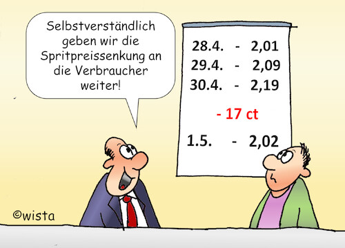 Cartoon: Senkung Benzinpreis (medium) by wista tagged benzin,diesel,preis,spritpreis,senkung,senken,steuer,mai,kosten,tanken,17,cent,billig,billiger,tankstelle,billigtankstelle,tank,app,benzin,diesel,preis,spritpreis,senkung,senken,steuer,mai,kosten,tanken,17,cent,billig,billiger,tankstelle,billigtankstelle,tank,app