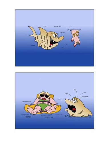 Cartoon: Überraschung (medium) by wista tagged hai,haifisch,überraschung,hunger,sonnen,luftmatratze,schönheit,sonnenbrille,fressene